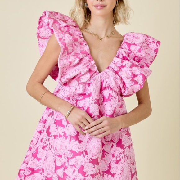 Pink Floral Ruffle V-Neck Mini Dress - Picture 5 of 7